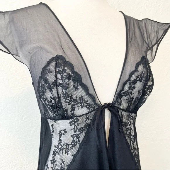 Vintage Sheer Black Mesh Satin Lingerie Nightgown Maxi Dress Goth Whimsigoth S/M - Picture 4 of 13